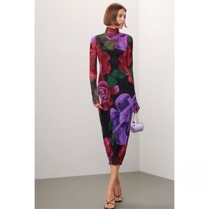 AFRM Black Maxi Turtleneck Dress with Pink & Purple Florals